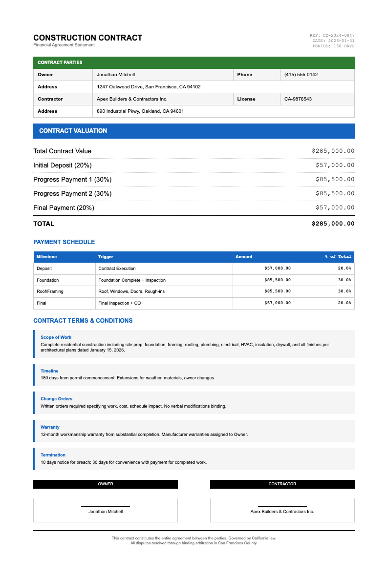 professional construction contract financial statement
